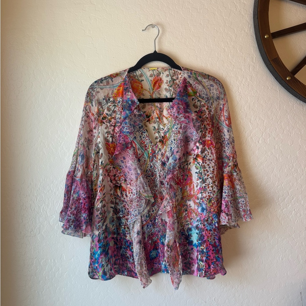 Elie Tahari Purple and Pink Ruffled Bell Sleeve Blouse